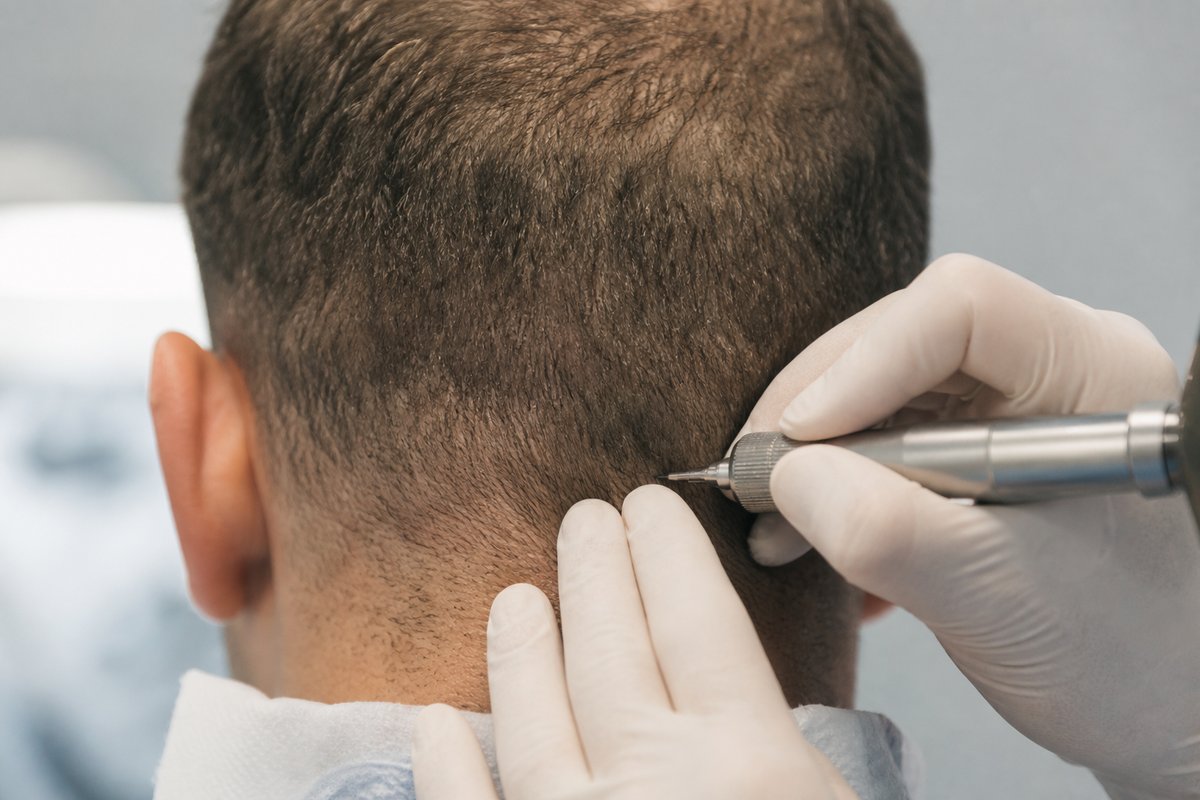 Donor follicles being extracted from the back of the scalp