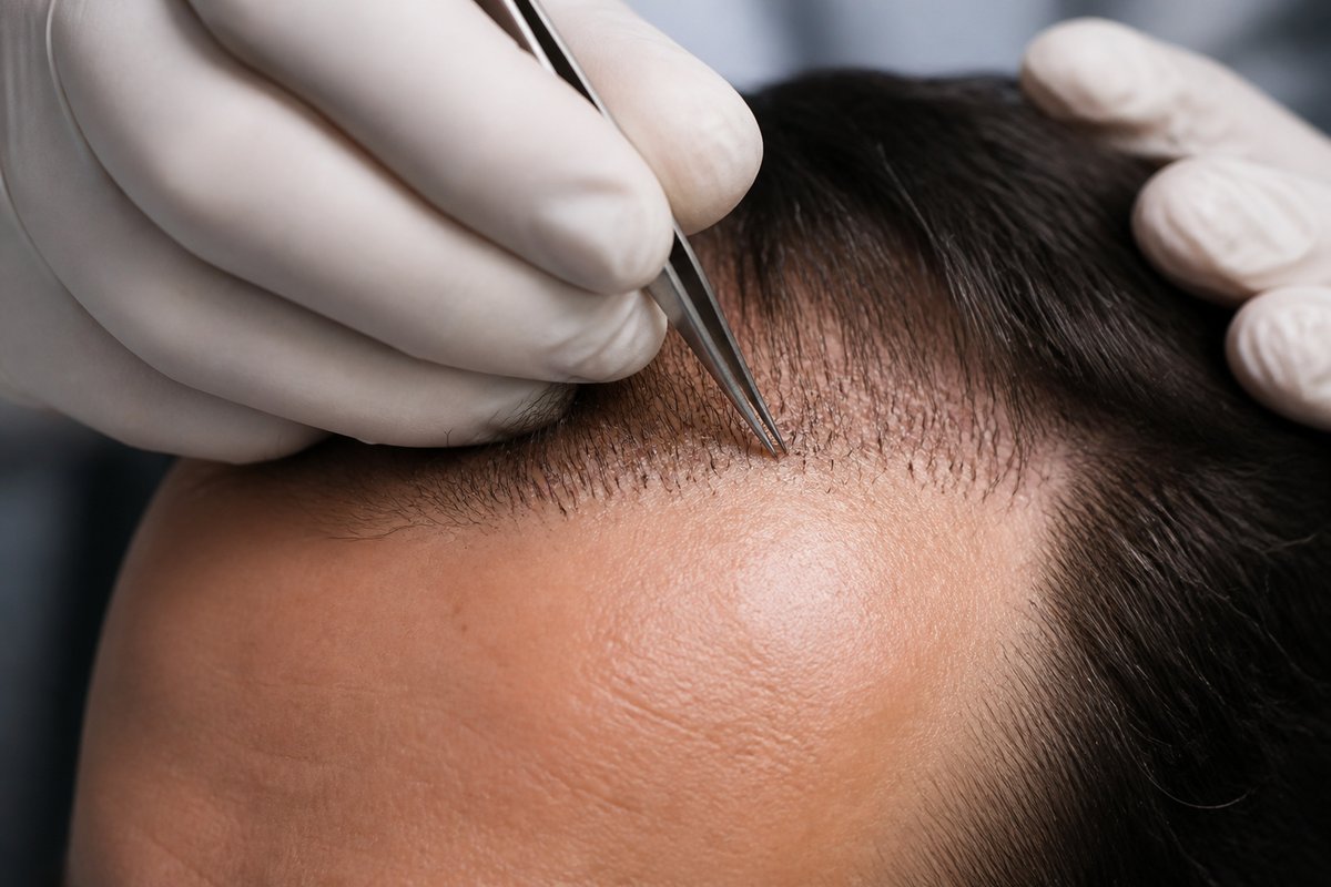 Individual hair grafts being placed along the planned frontal hairline