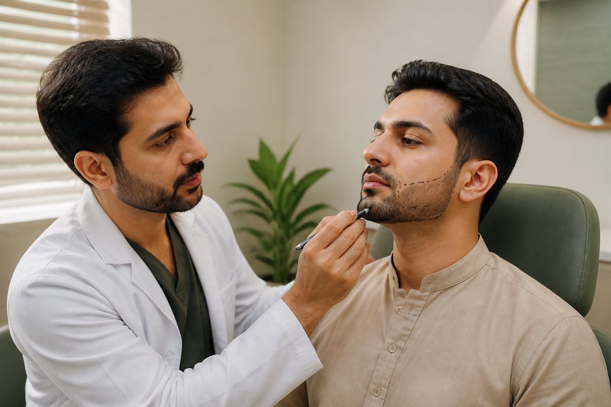 Natural beard outline and graft-direction planning on an adult man