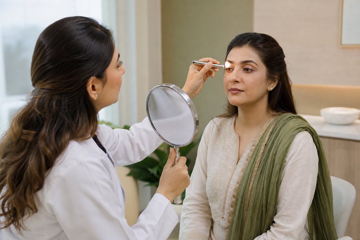Upper and lower eyelid surgical planning during blepharoplasty consultation