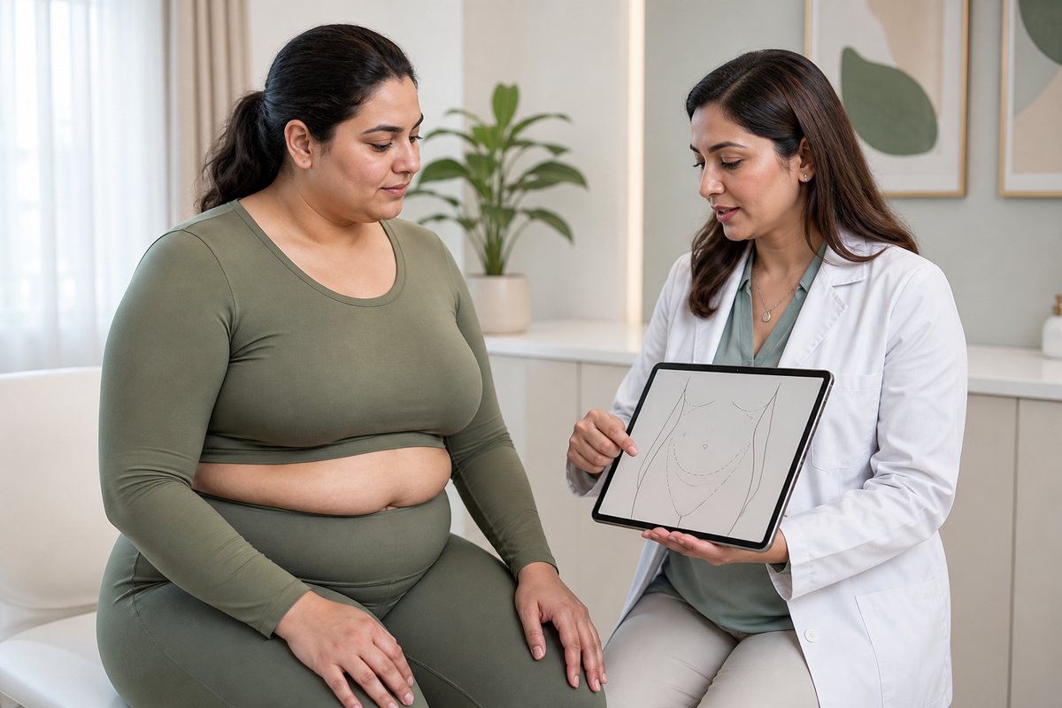 Plastic surgeon mapping body-contouring regions on a clinical diagram