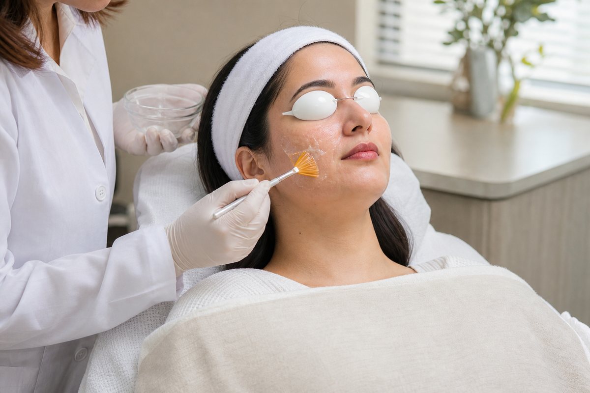 Clinician applying a controlled facial chemical peel with a brush