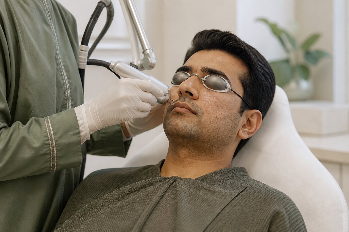 Fractional CO2 laser handpiece treating facial acne scars