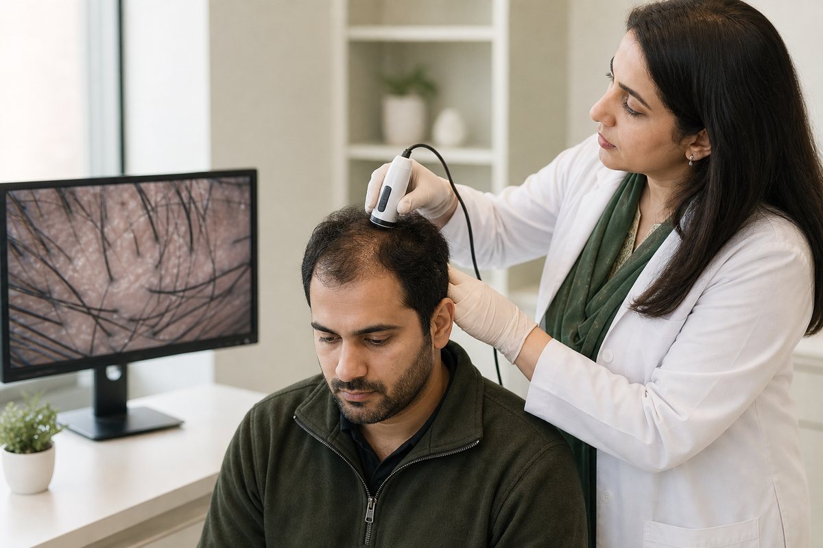 Magnified scalp and hair-loss assessment during consultation