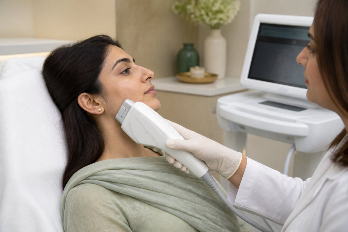 Focused ultrasound skin-tightening handpiece on the lower face