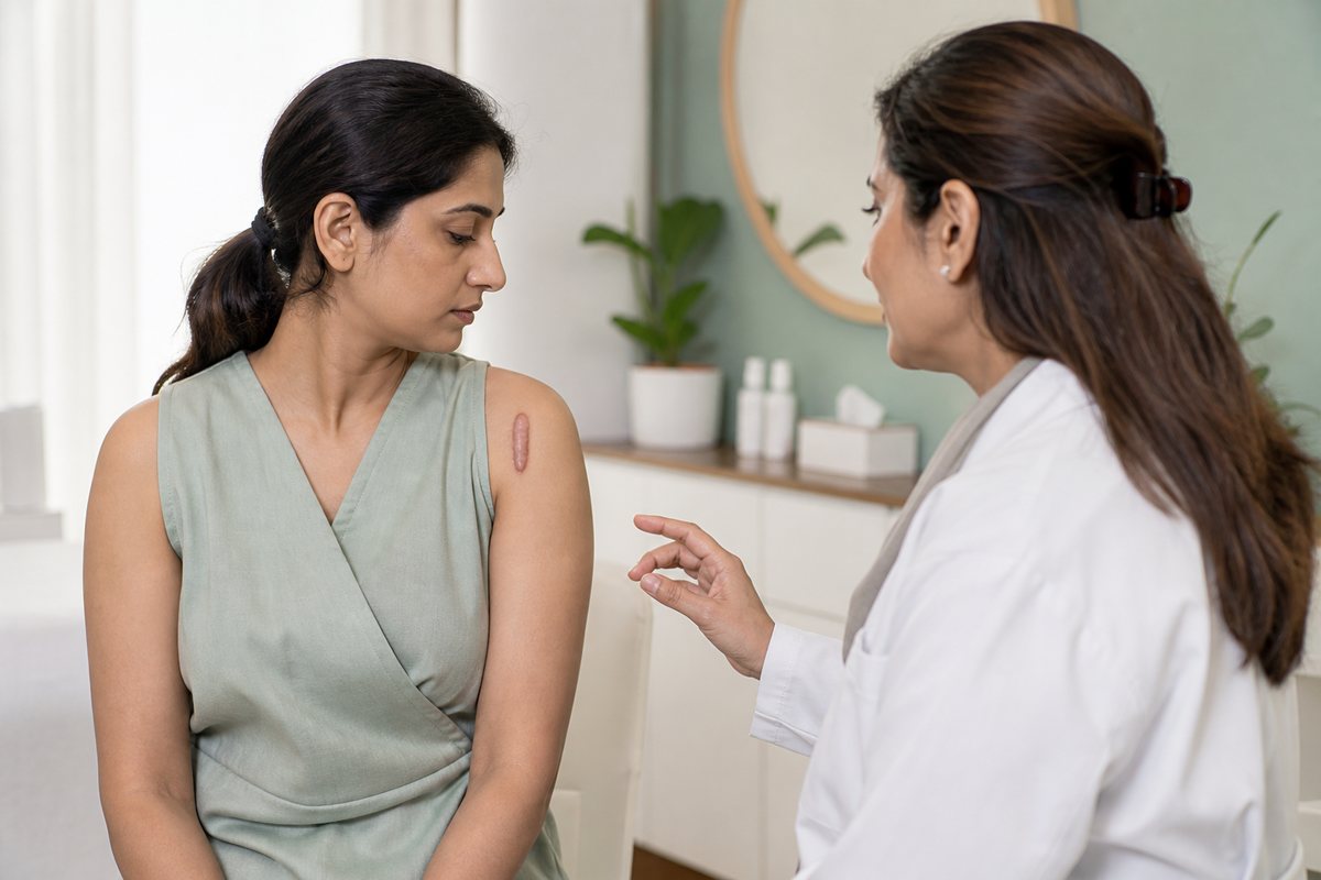 Clinical assessment of a raised keloid scar on adult skin