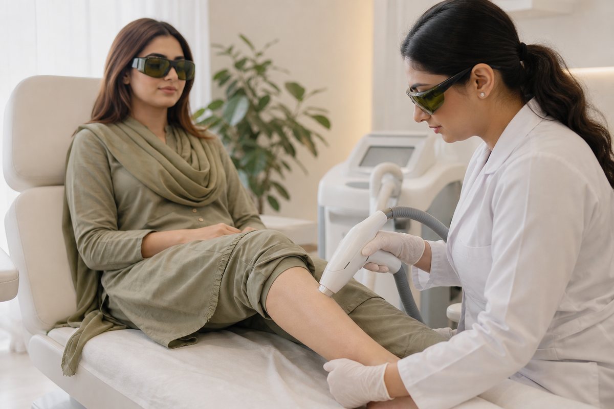 Laser hair removal handpiece treating an adult lower leg