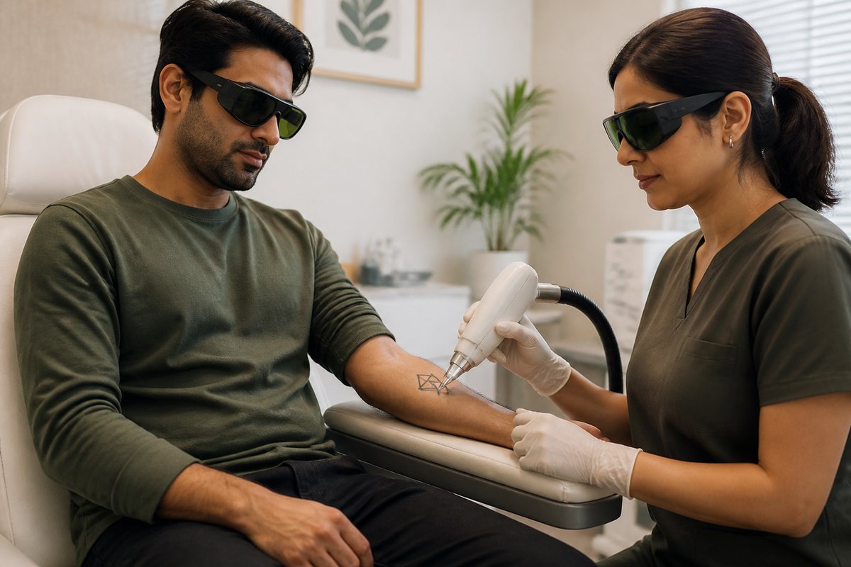 Laser handpiece treating a small black tattoo on adult skin