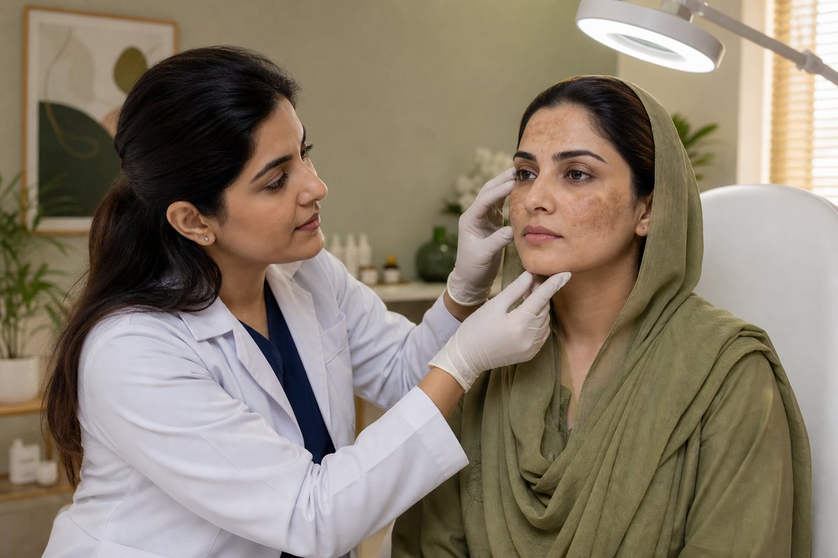 Clinician examining symmetrical facial melasma pigmentation