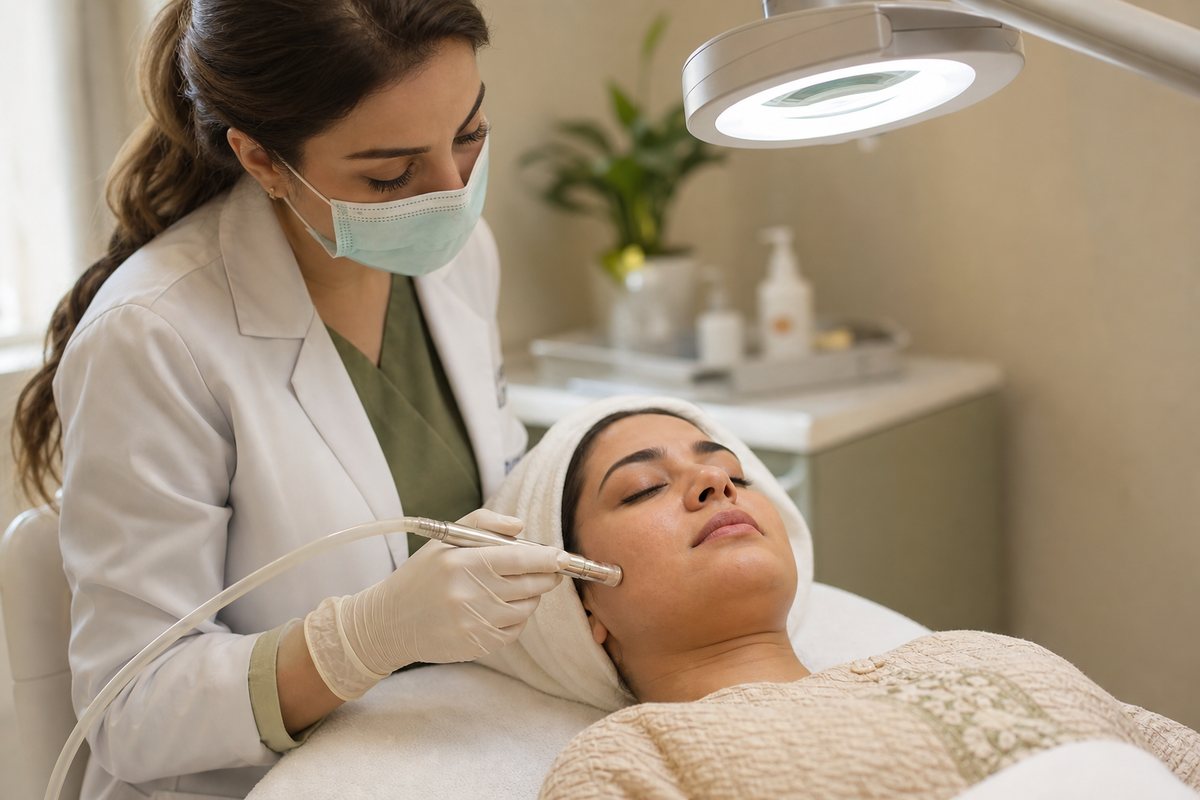 Diamond-tip microdermabrasion treatment on adult facial skin