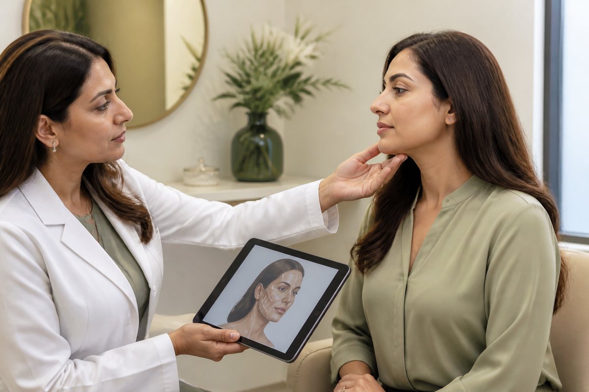 Clinician comparing non-surgical facial rejuvenation options with an adult patient