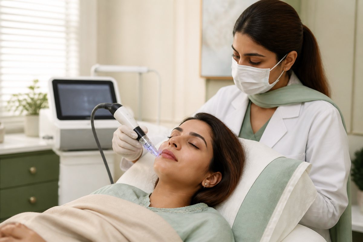 Radiofrequency microneedling handpiece used during facial treatment