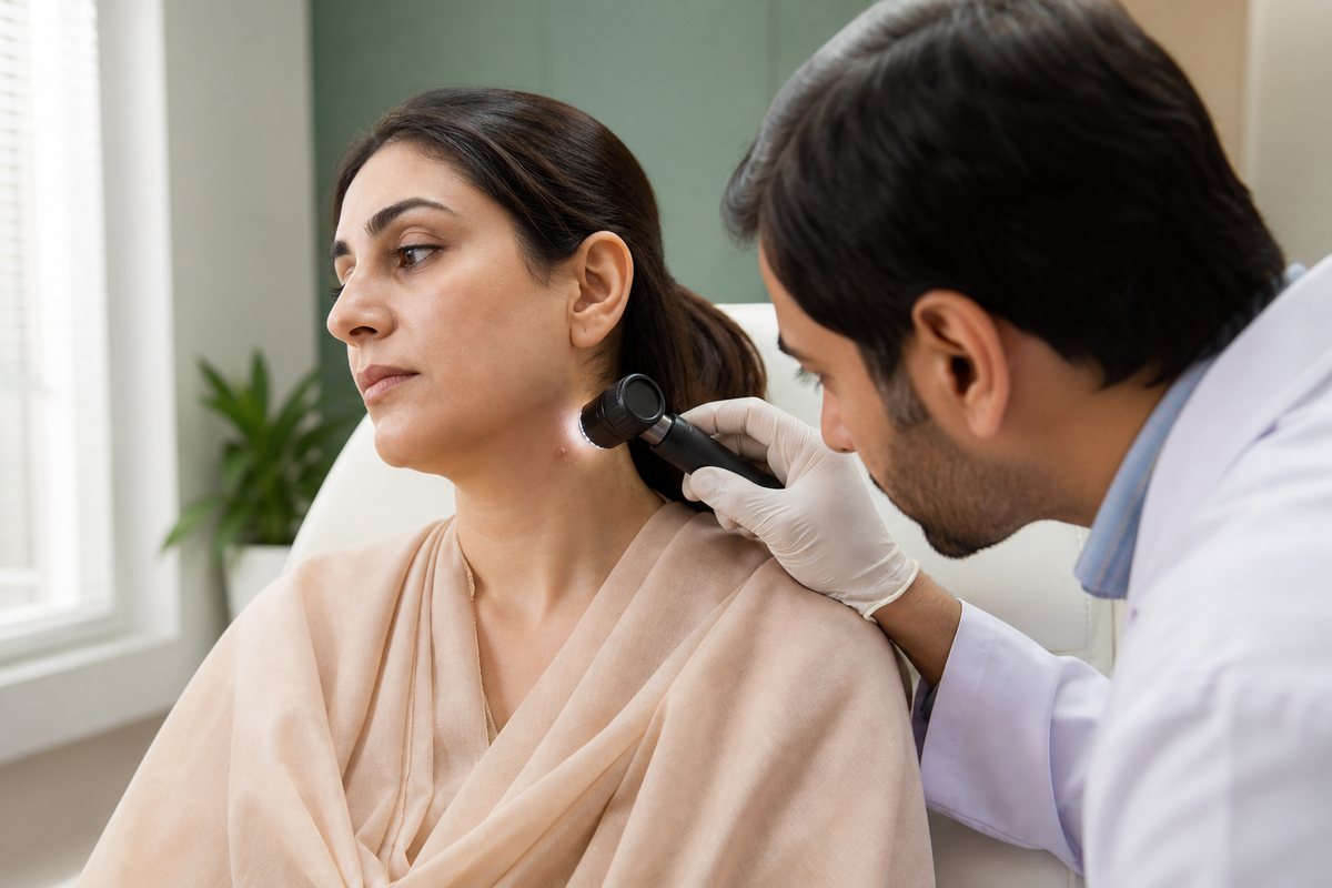 Clinician examining a small raised skin lesion with dermoscopy