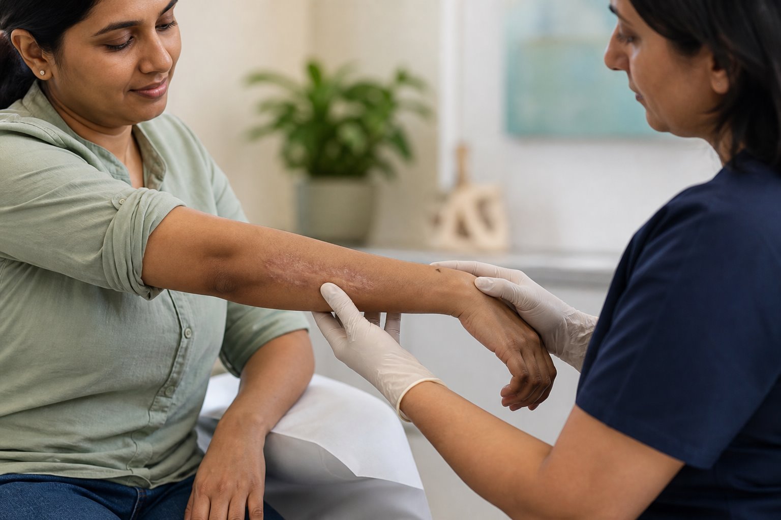 Clinical assessment of a mature healed burn scar on a South Asian patient’s forearm