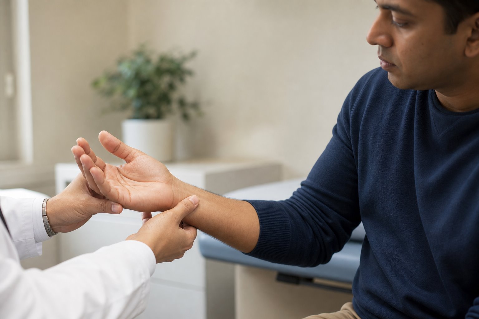 Hand and wrist assessment for a South Asian patient in a clinical consultation